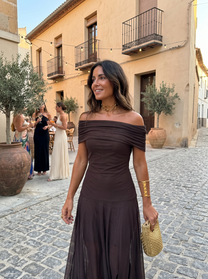 Off-Shoulder Draped Maxi Dress - Dark Brown side