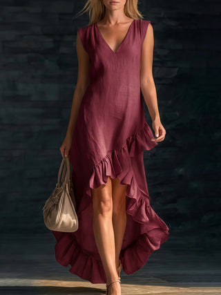 Maeriel | V-Neck Sleeveless High-Low Ruffle Hem Maxi Dress