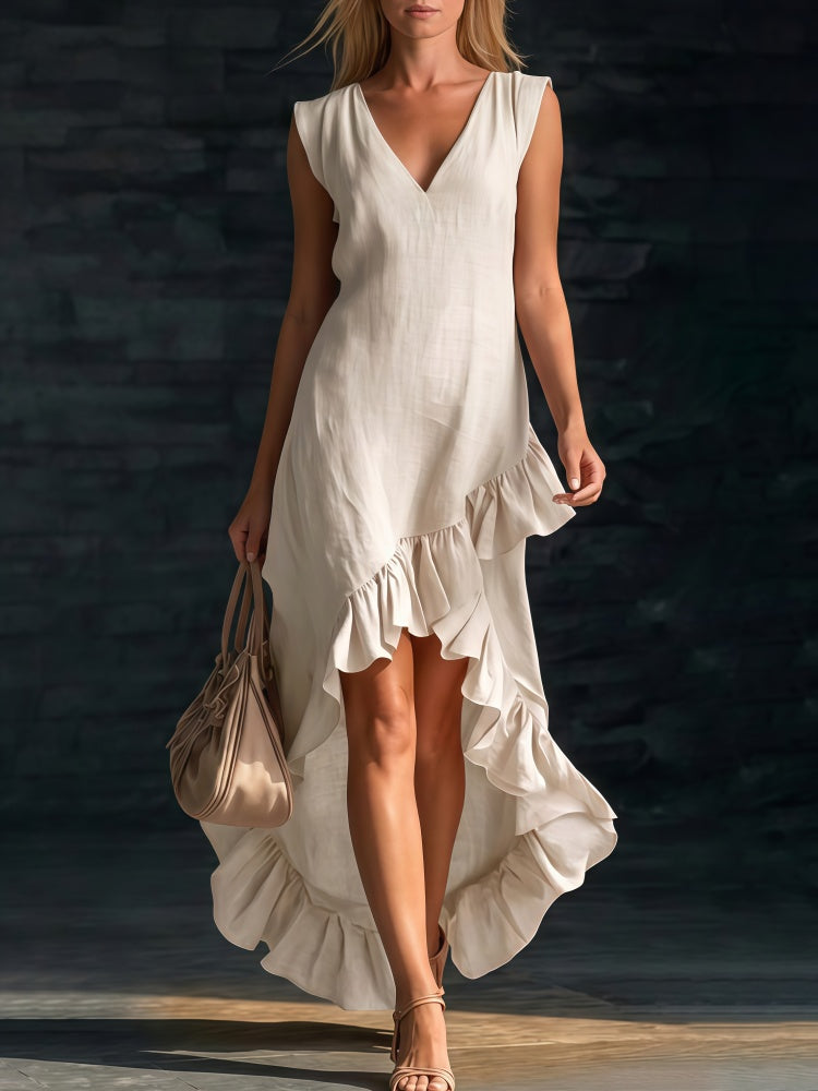 Maeriel | V-Neck Sleeveless High-Low Ruffle Hem Maxi Dress
