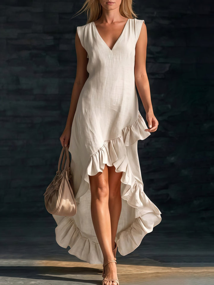 Maeriel | V-Neck Sleeveless High-Low Ruffle Hem Maxi Dress