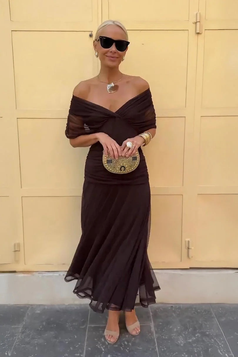 Lydia Off Shoulder Maxi Dress Brown