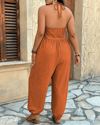 Hana Halter Deep-V Wide-Leg Jumpsuit