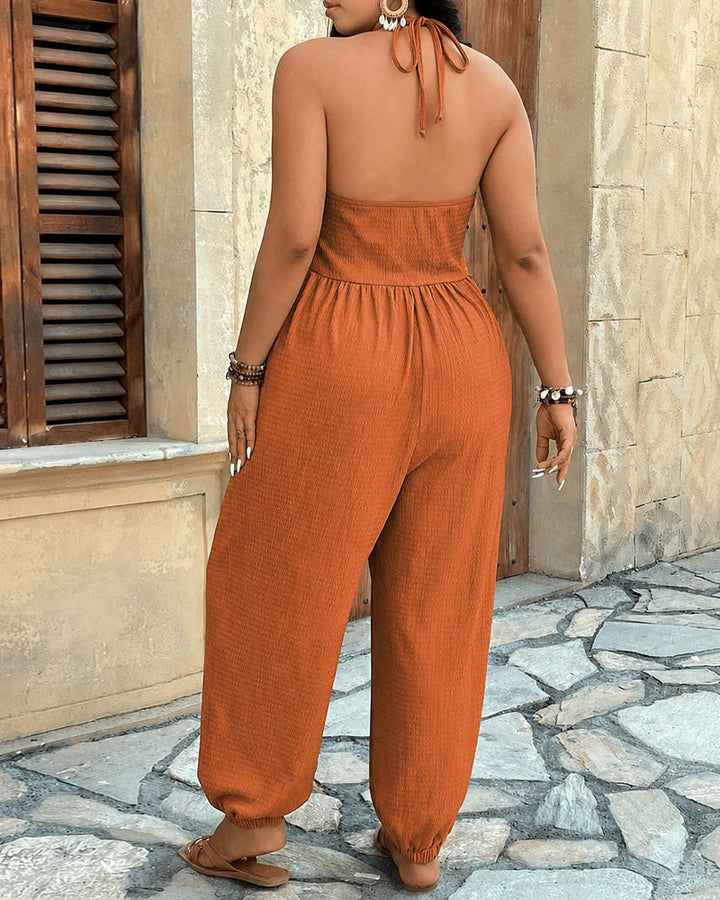 Hana Halter Deep-V Wide-Leg Jumpsuit