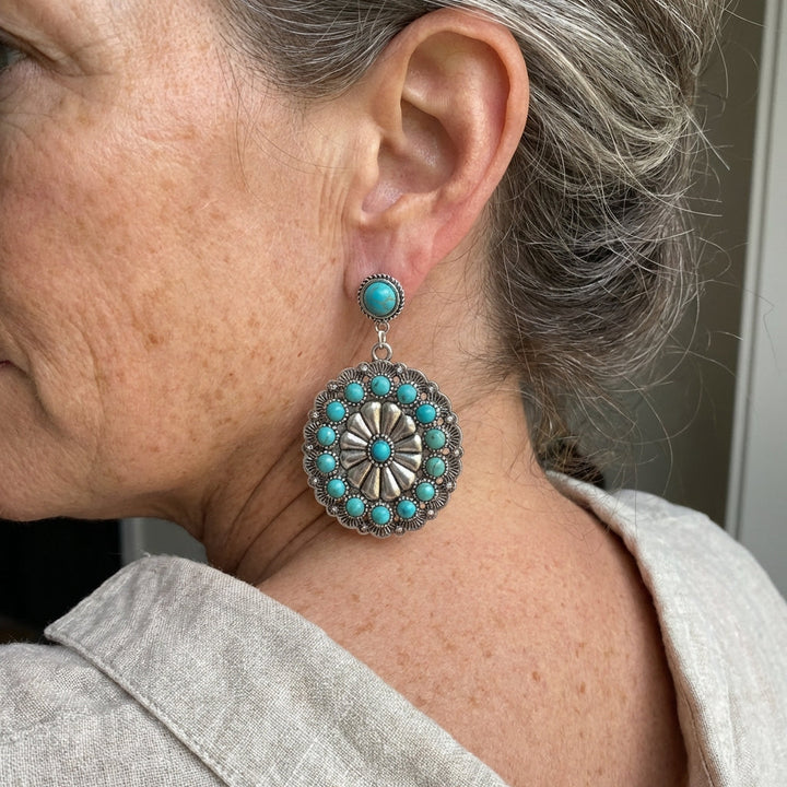 Vintage Turquoise &amp; Pearl Medallion Earrings
