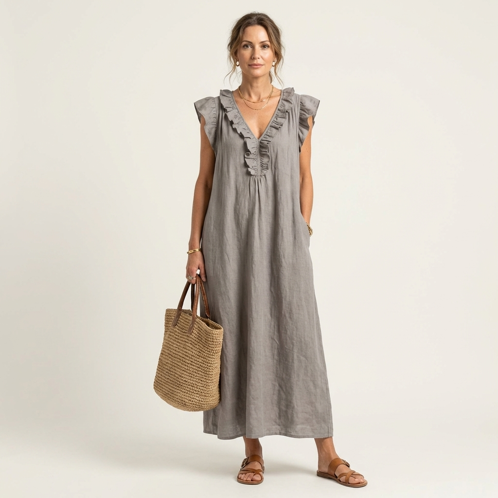 Anita long V-neck ruffle dress in Gray