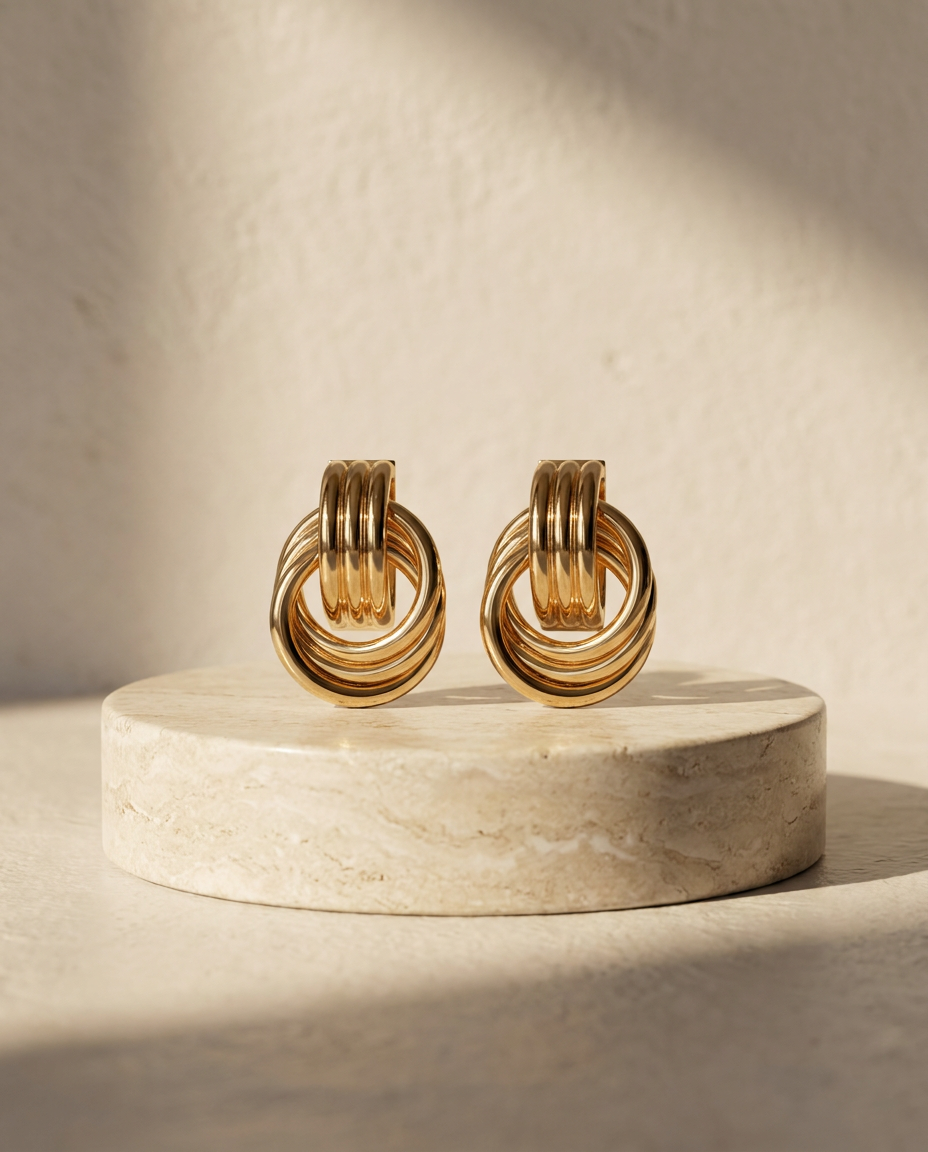 Delphine knotted double hoop earrings on a travertine pedestal in warm afternoon light