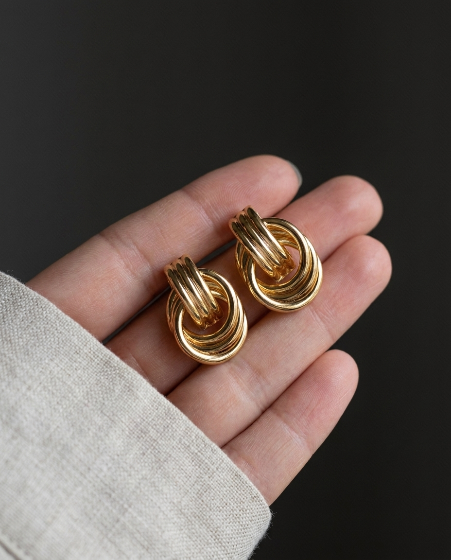 Delphine knotted double hoop earrings held on fingertips against a dark background