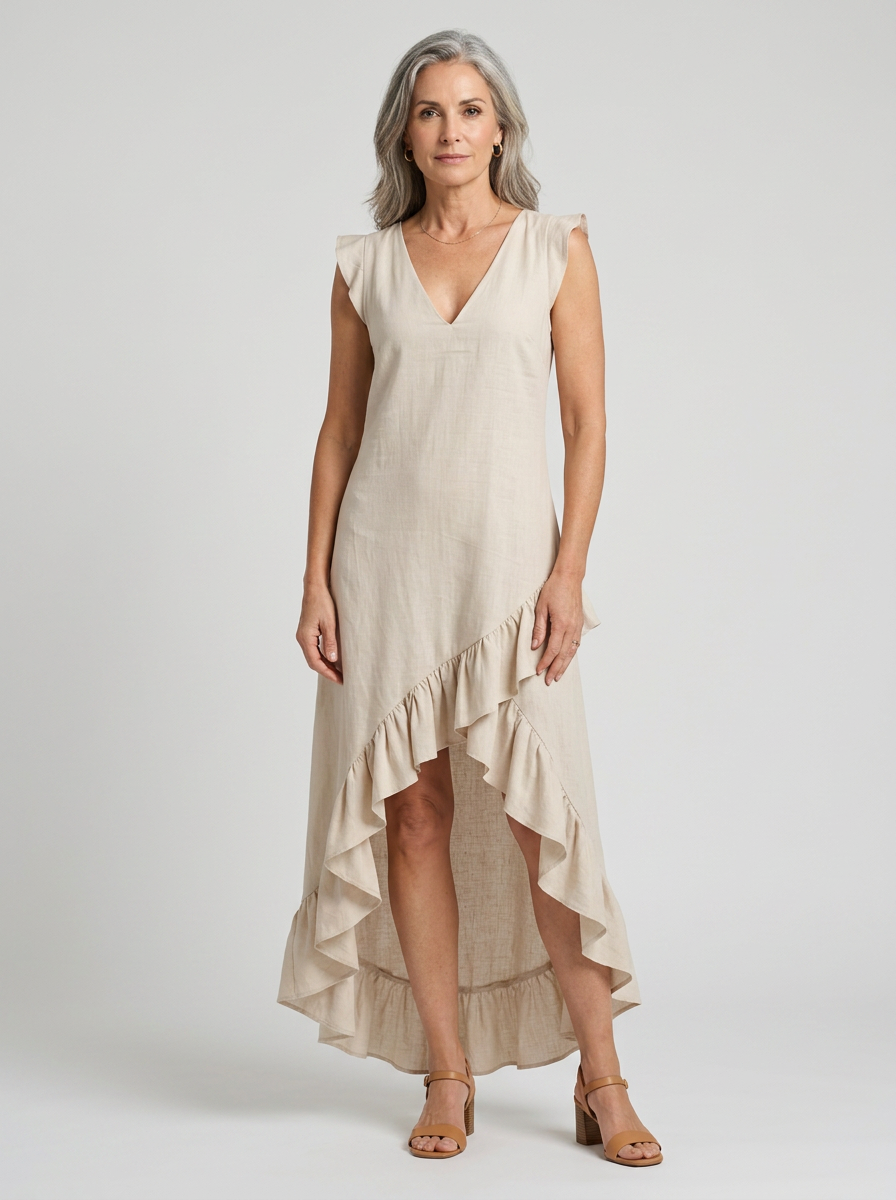 Maeriel | V-Neck Sleeveless High-Low Ruffle Hem Maxi Dress