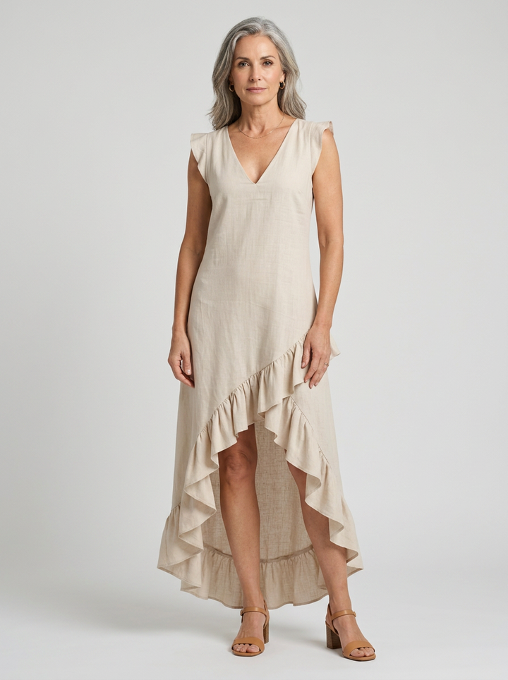 Maeriel | V-Neck Sleeveless High-Low Ruffle Hem Maxi Dress