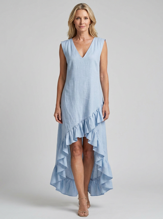 Maeriel | V-Neck Sleeveless High-Low Ruffle Hem Maxi Dress