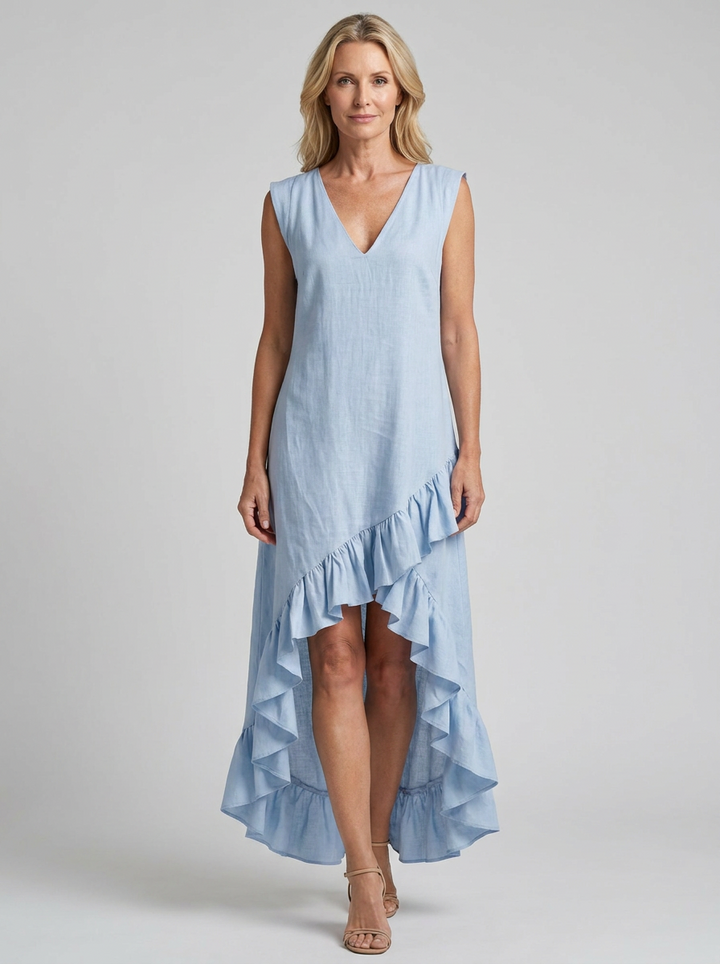 Maeriel | V-Neck Sleeveless High-Low Ruffle Hem Maxi Dress