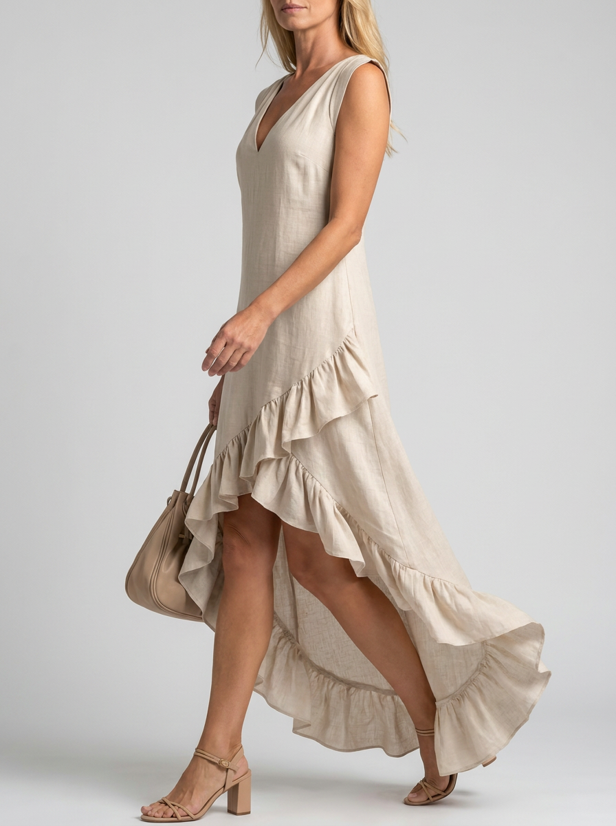 Maeriel | V-Neck Sleeveless High-Low Ruffle Hem Maxi Dress