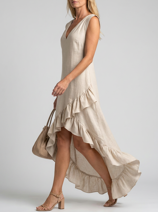 Maeriel | V-Neck Sleeveless High-Low Ruffle Hem Maxi Dress