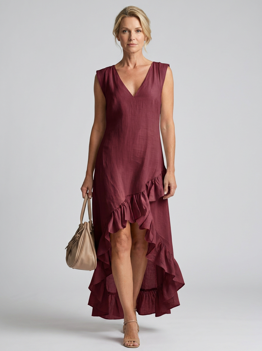 Maeriel | V-Neck Sleeveless High-Low Ruffle Hem Maxi Dress