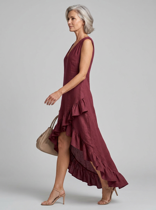 Maeriel | V-Neck Sleeveless High-Low Ruffle Hem Maxi Dress