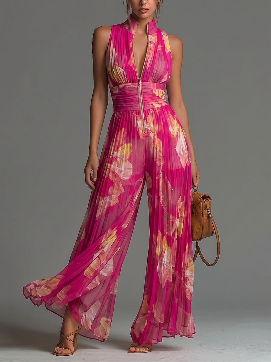 Leila | Fuchsia Floral Pleated Jumpsuit - Image 1