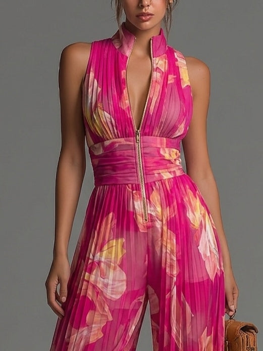 Leila | Fuchsia Floral Pleated Jumpsuit - Image 3