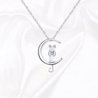 Necklace with moonstone in the shape of a crescent moon and cat