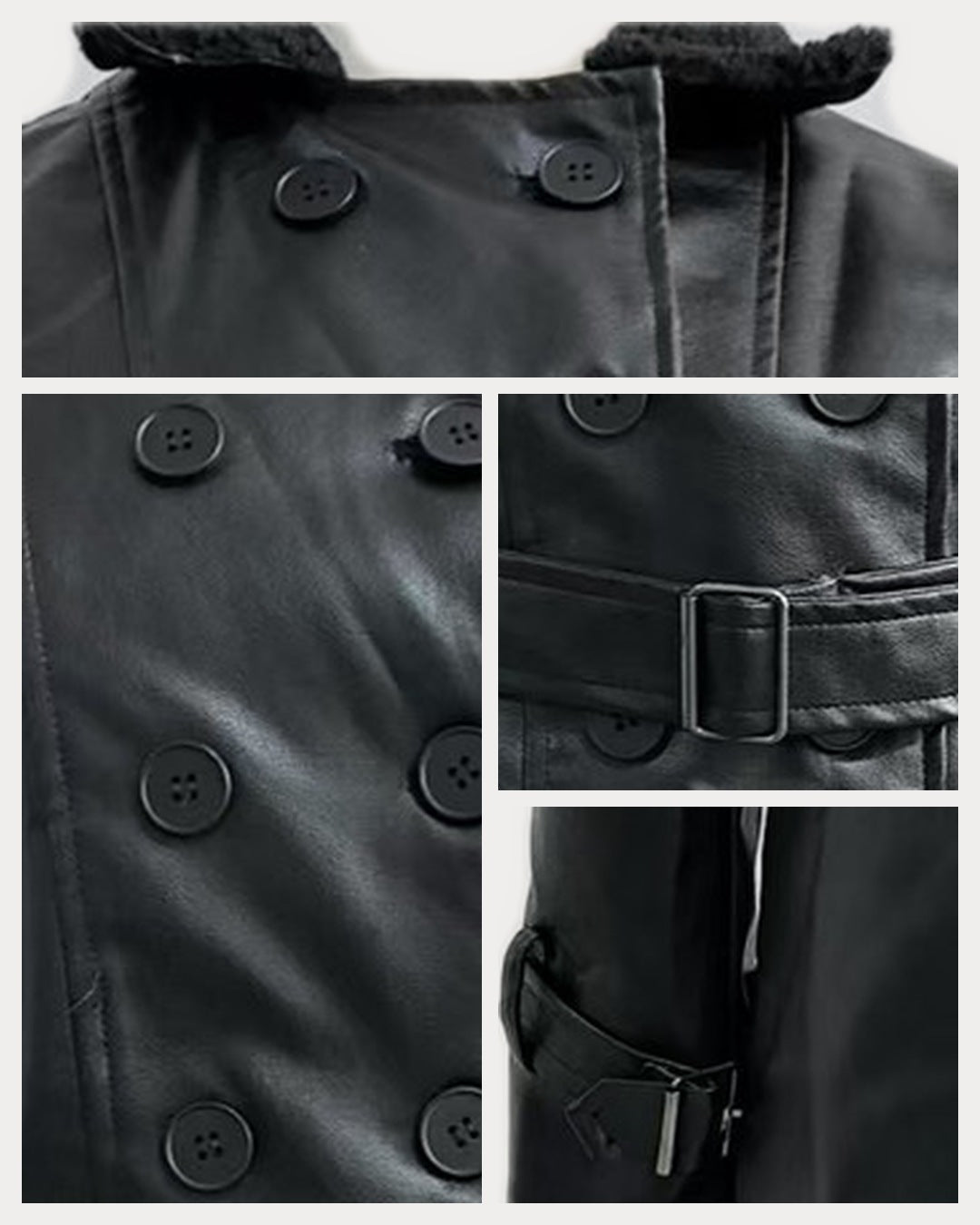Trixie coat details: collar, button rows, belt buckle and cuff buckle